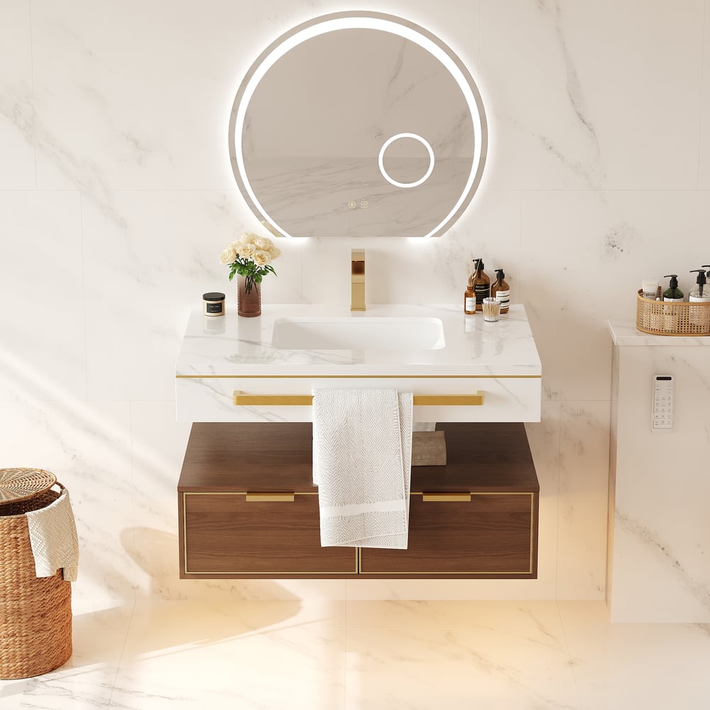 36" Modern Wall-Mounted Bathroom Vanity with LED Light, Walnut Cabinet & Ceramic Sink window image