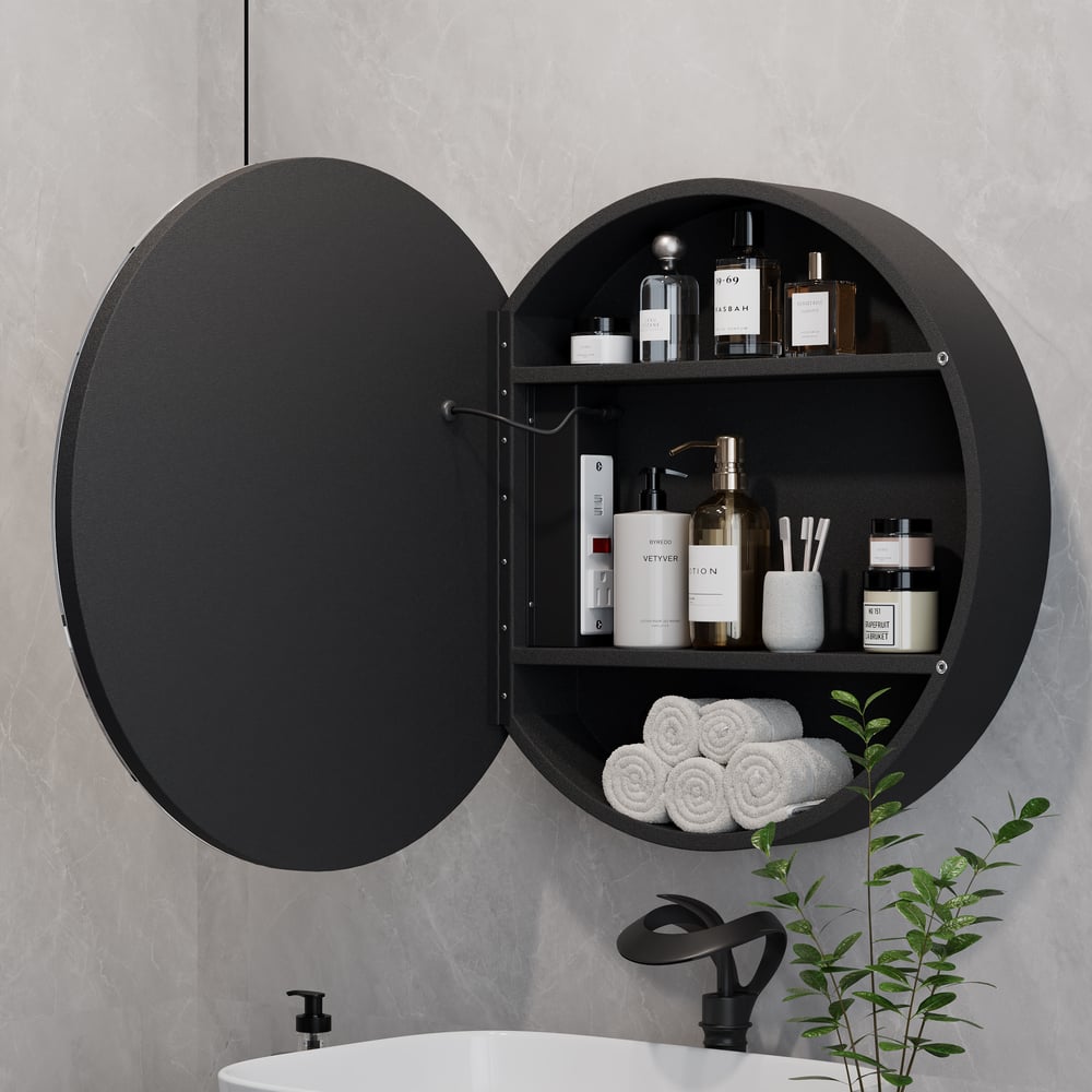 23.6" Round LED Medicine Cabinet with Storage, Anti-Fog, Dimmable — Black window image