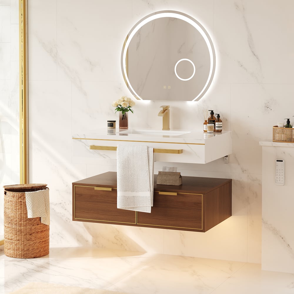 36" Modern Wall-Mounted Bathroom Vanity with LED Light, Walnut Cabinet & Ceramic Sink window image