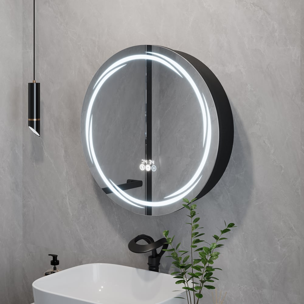 23.6" Round LED Medicine Cabinet with Storage, Anti-Fog, Dimmable — Black window image