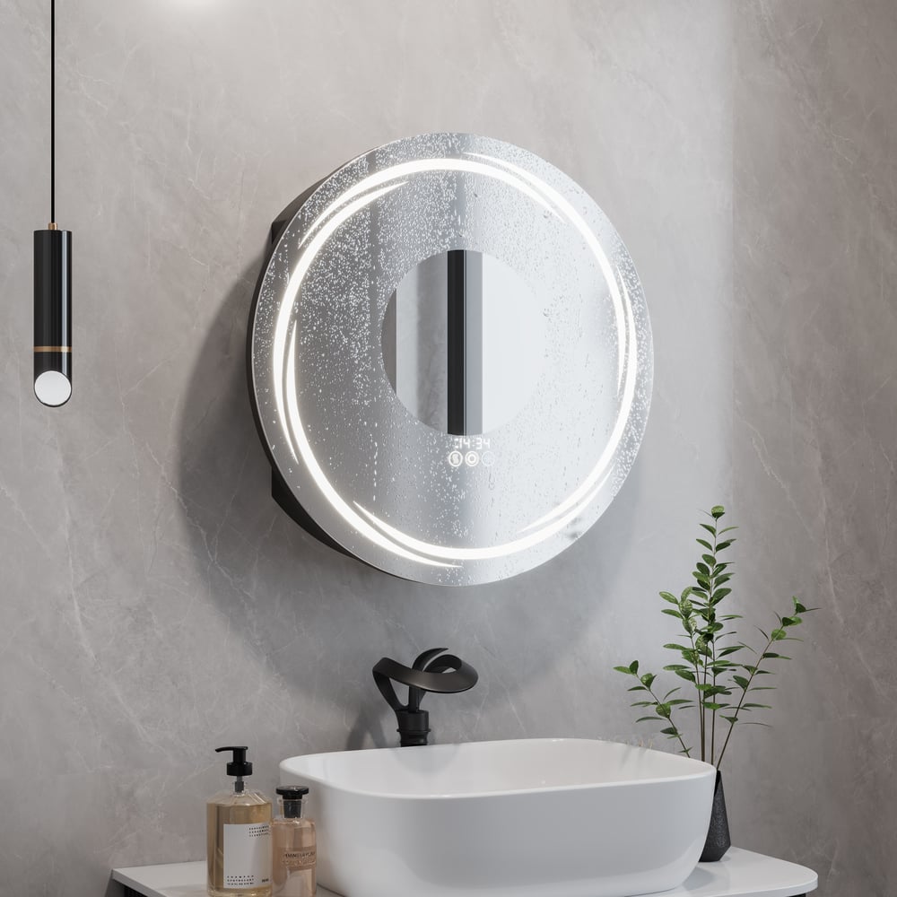 23.6" Round LED Medicine Cabinet with Storage, Anti-Fog, Dimmable — Black window image