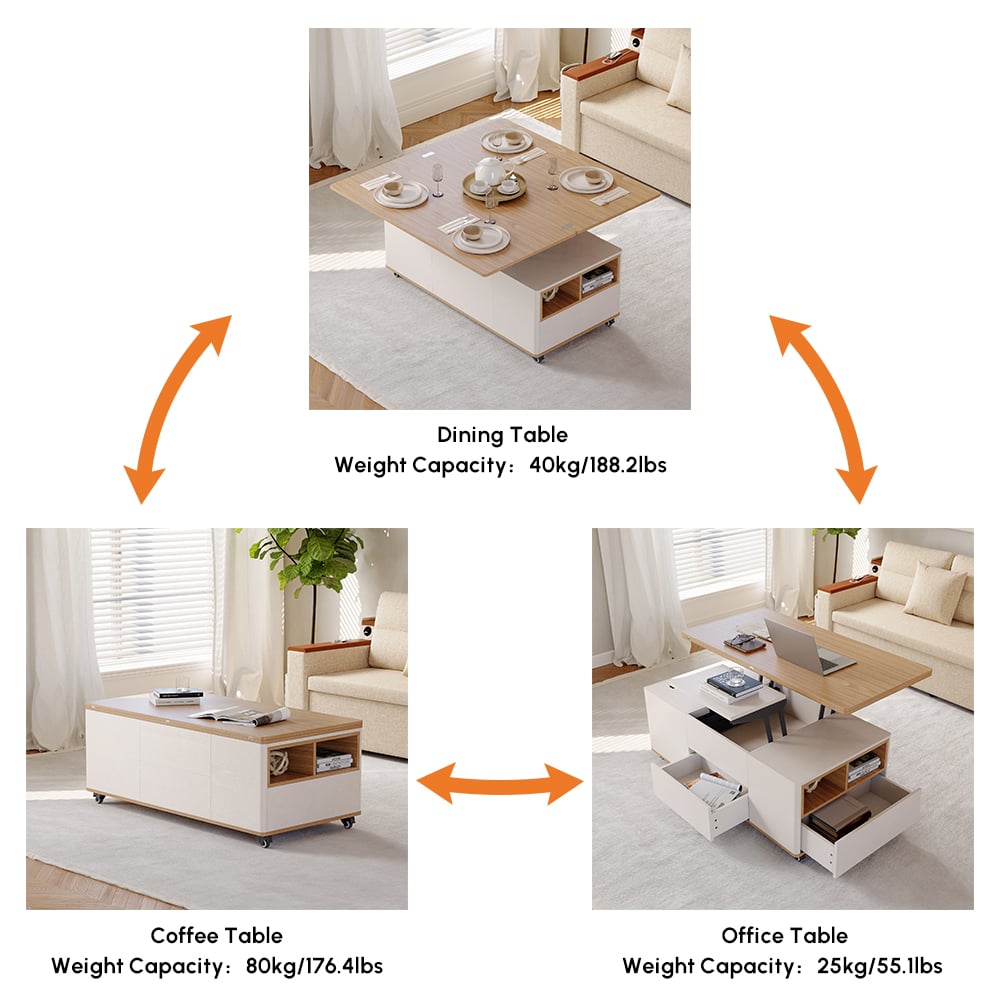 47" Lift-Top Foldable Natural & White Coffee Table with Drawers & Cabinet window image