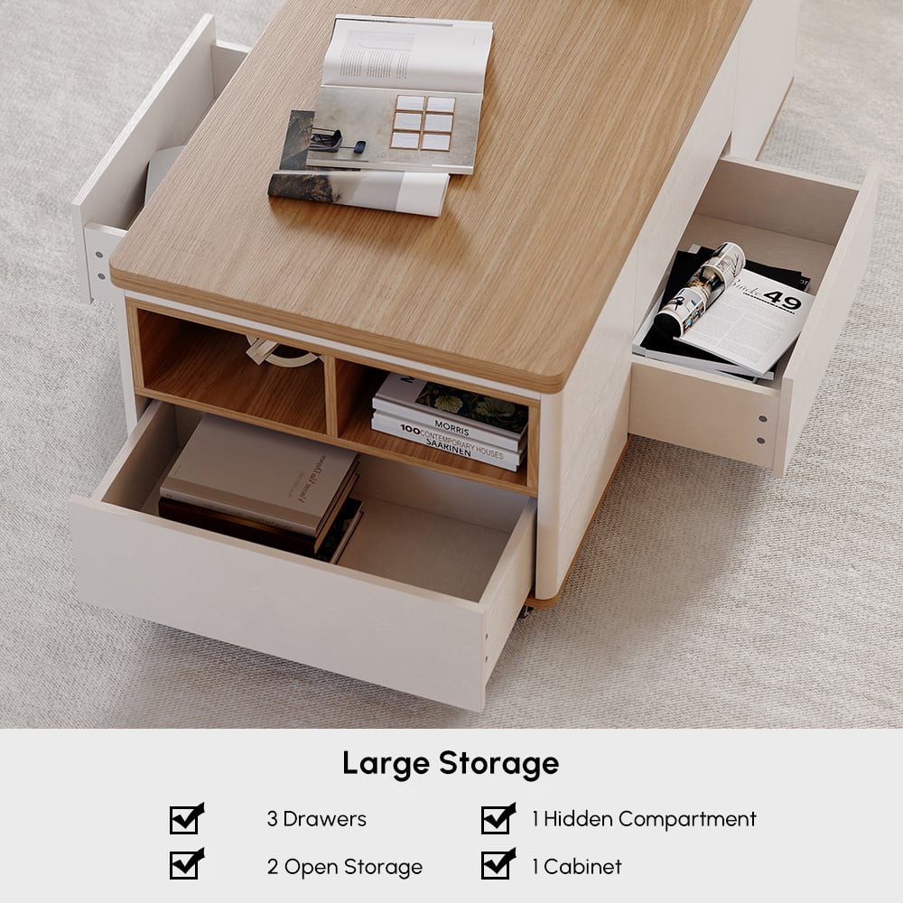 47" Lift-Top Foldable Natural & White Coffee Table with Drawers & Cabinet window image