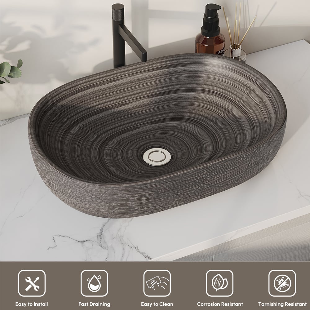 23" Grey Oval Ceramic Bathroom Sink – Matte Glazed Vessel Sink window image
