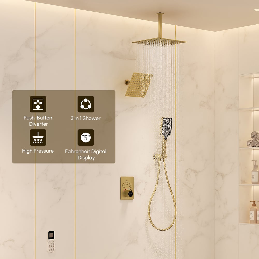 Dual Head Shower System – 12" Ceiling & 8" Wall Shower with Handheld, Solid Brass window image