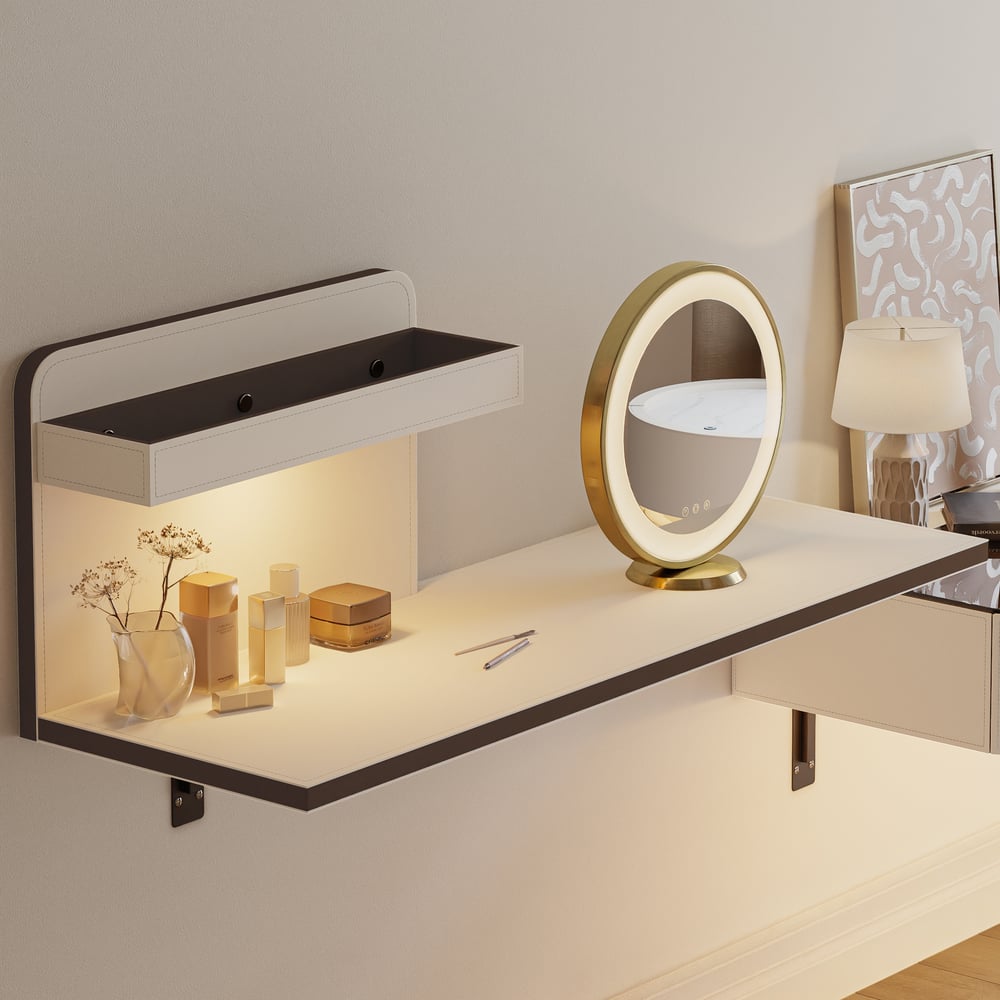 Saddle Leather Floating Makeup Vanity with Tempered Glass Top & Mirror window image