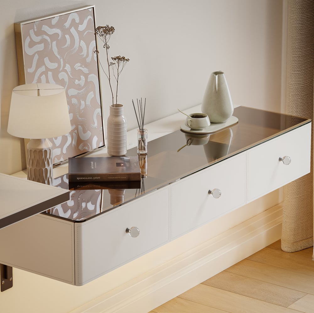 Saddle Leather Floating Makeup Vanity with Tempered Glass Top & Mirror window image