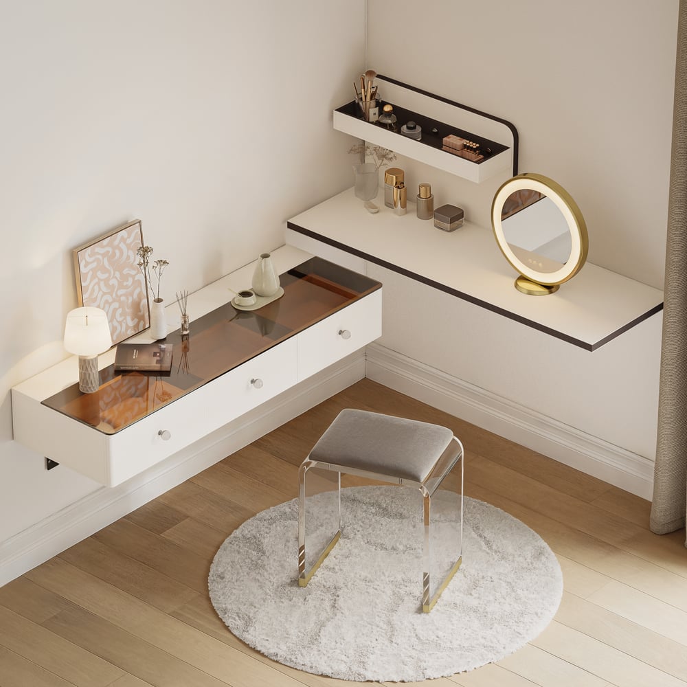 Saddle Leather Floating Makeup Vanity with Tempered Glass Top & Mirror window image