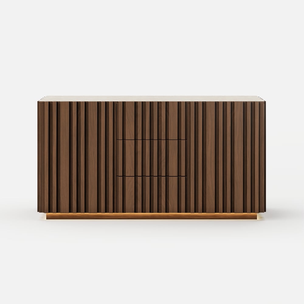 Aura 60" Faux Travertine Top Buffet Sideboard with Ash Wood Slatted Panels & Light window image
