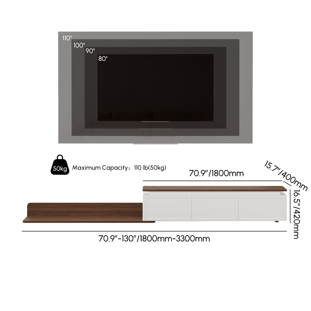 Extendable TV Stand with 3 Drawers and Light(71"-130") weights dimensions image