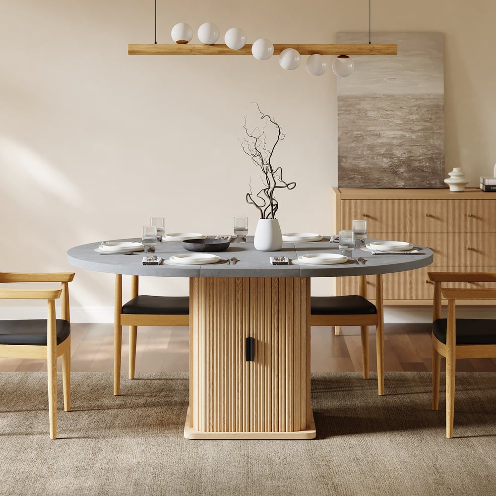 47"-63" Gray Extendable Dining Table with Fluted Base and Storage window image