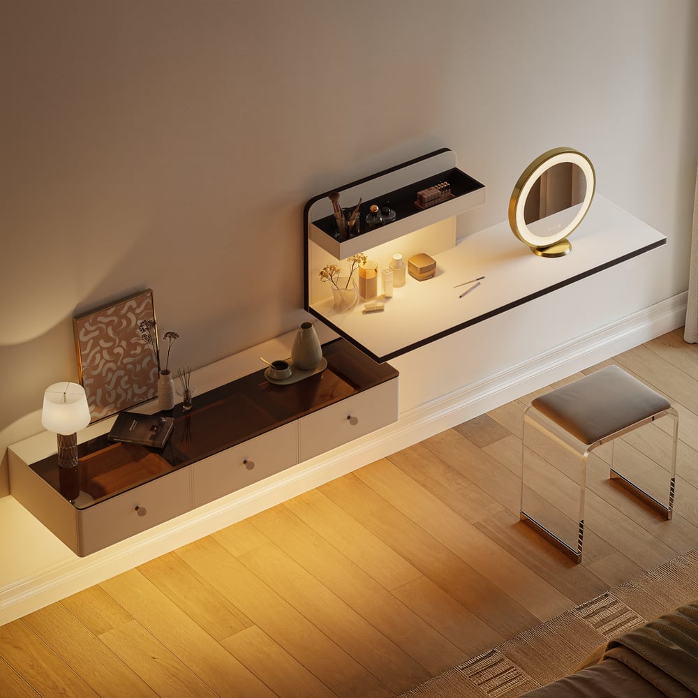 Saddle Leather Floating Makeup Vanity with Tempered Glass Top & Mirror window image