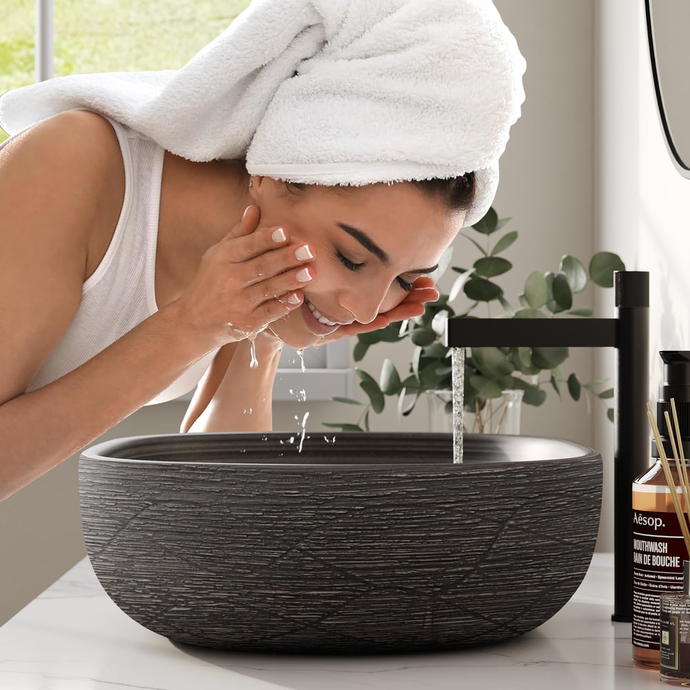 23" Grey Oval Ceramic Bathroom Sink – Matte Glazed Vessel Sink window image