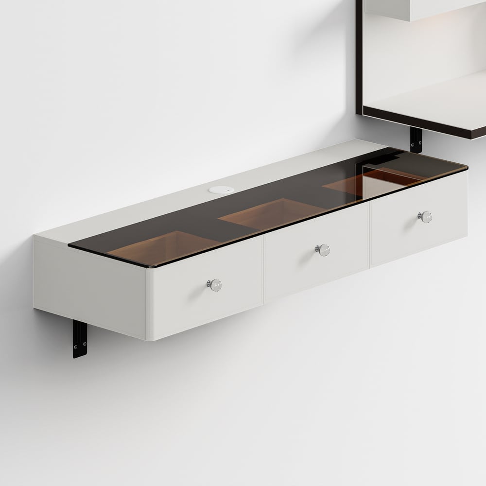Saddle Leather Floating Makeup Vanity with Tempered Glass Top & Mirror window image