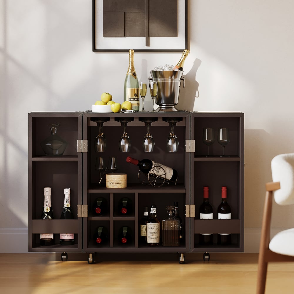 Saddle Leather Mobile Wine Cabinet with Glass Racks and Storage Doors window image