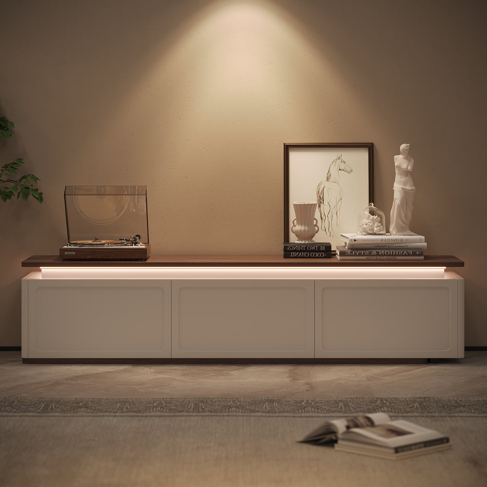 Extendable TV Stand with 3 Drawers and Light(71"-130") window image