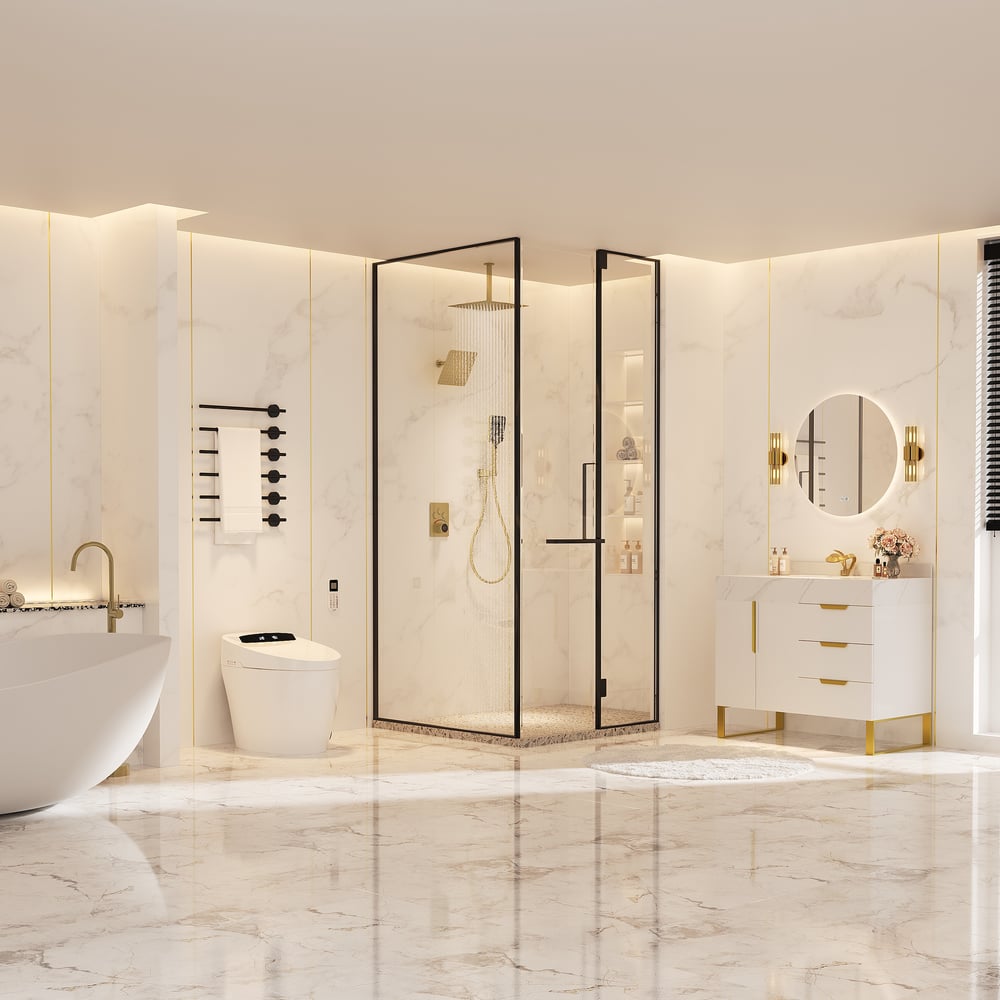 Dual Head Shower System – 12" Ceiling & 8" Wall Shower with Handheld, Solid Brass window image