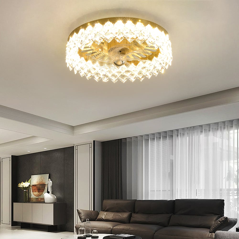 Golden Crystal Fan Lamp with Adjustable Brightness & Color and Diamond Decor window image