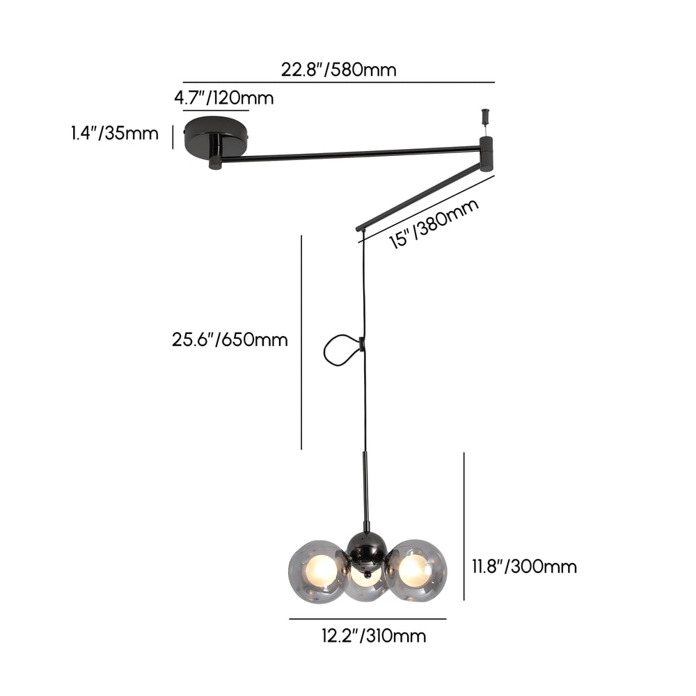 360° Rotatable, Spherical Pendant Light with Adjustable Hanging Height weights dimensions image