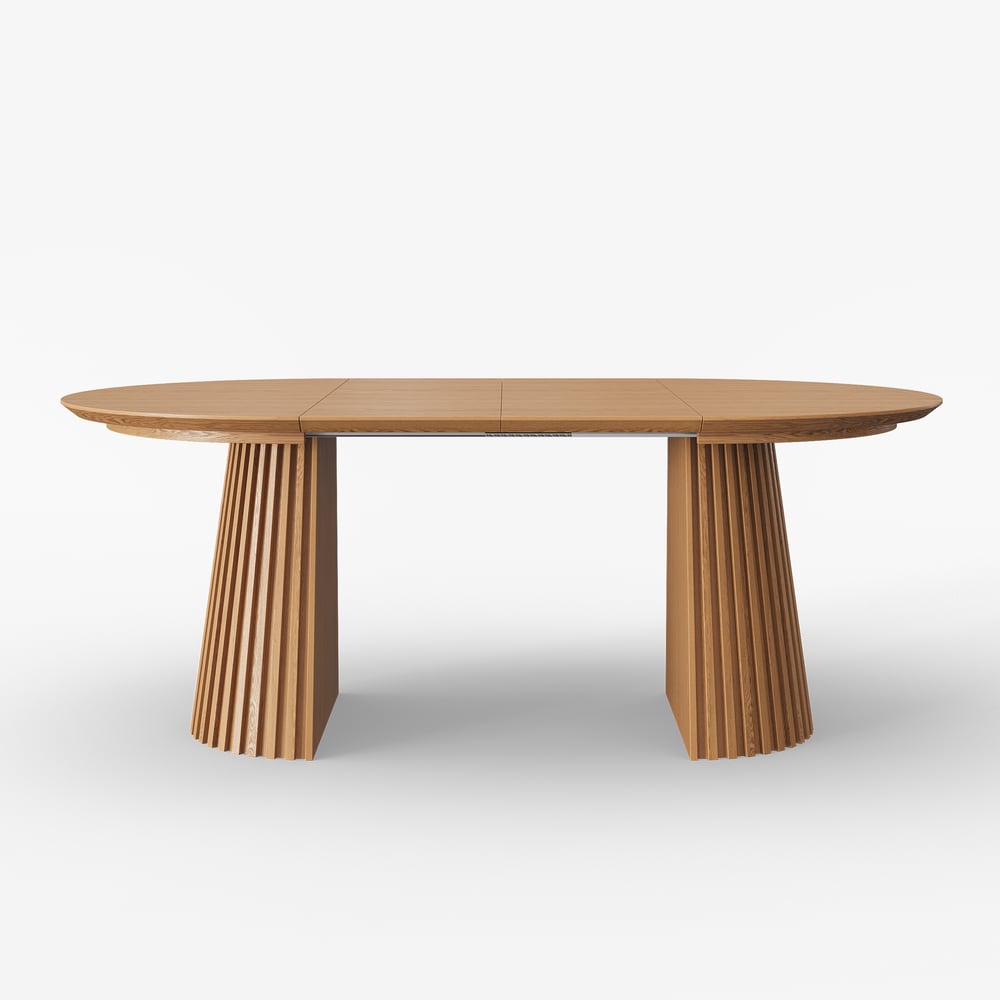 47"–79" Natural Oak Extendable Dining Table with Fluted Base window image