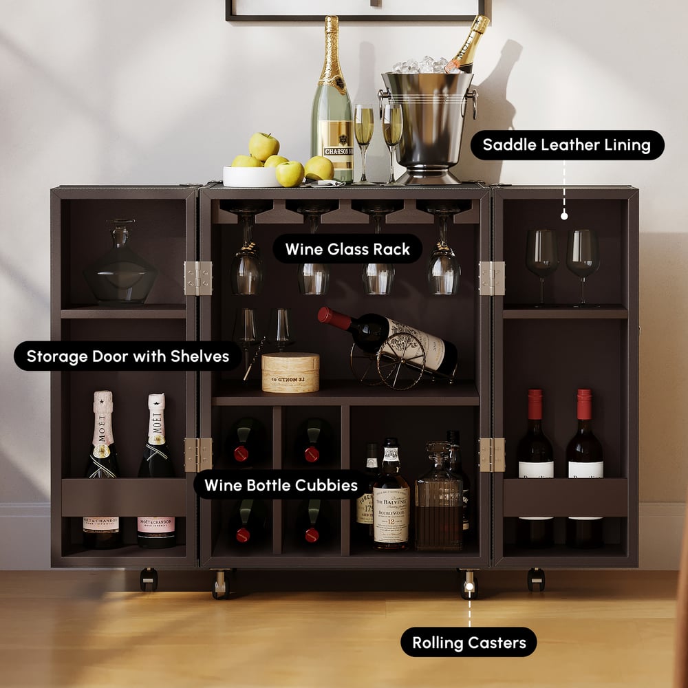 Saddle Leather Mobile Wine Cabinet with Glass Racks and Storage Doors window image