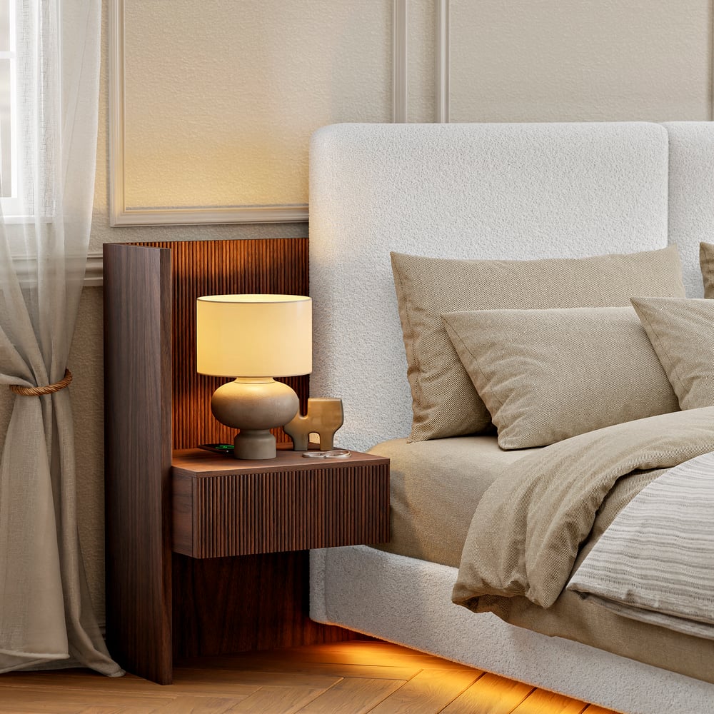 Lit en bois massif 180 x 200 cm avec tête de lit allongée en boucle et ensemble de table de chevet intelligente flottante image de fenêtre