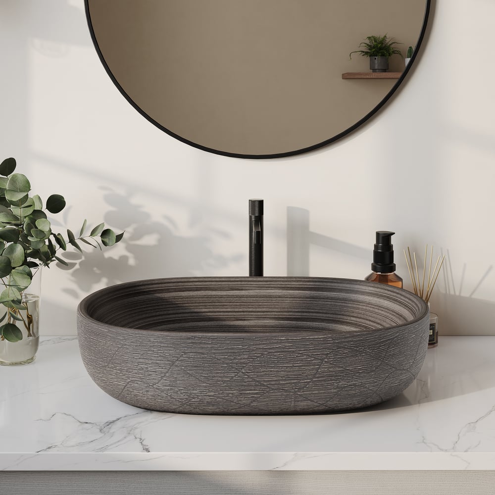 23" Grey Oval Ceramic Bathroom Sink – Matte Glazed Vessel Sink window image