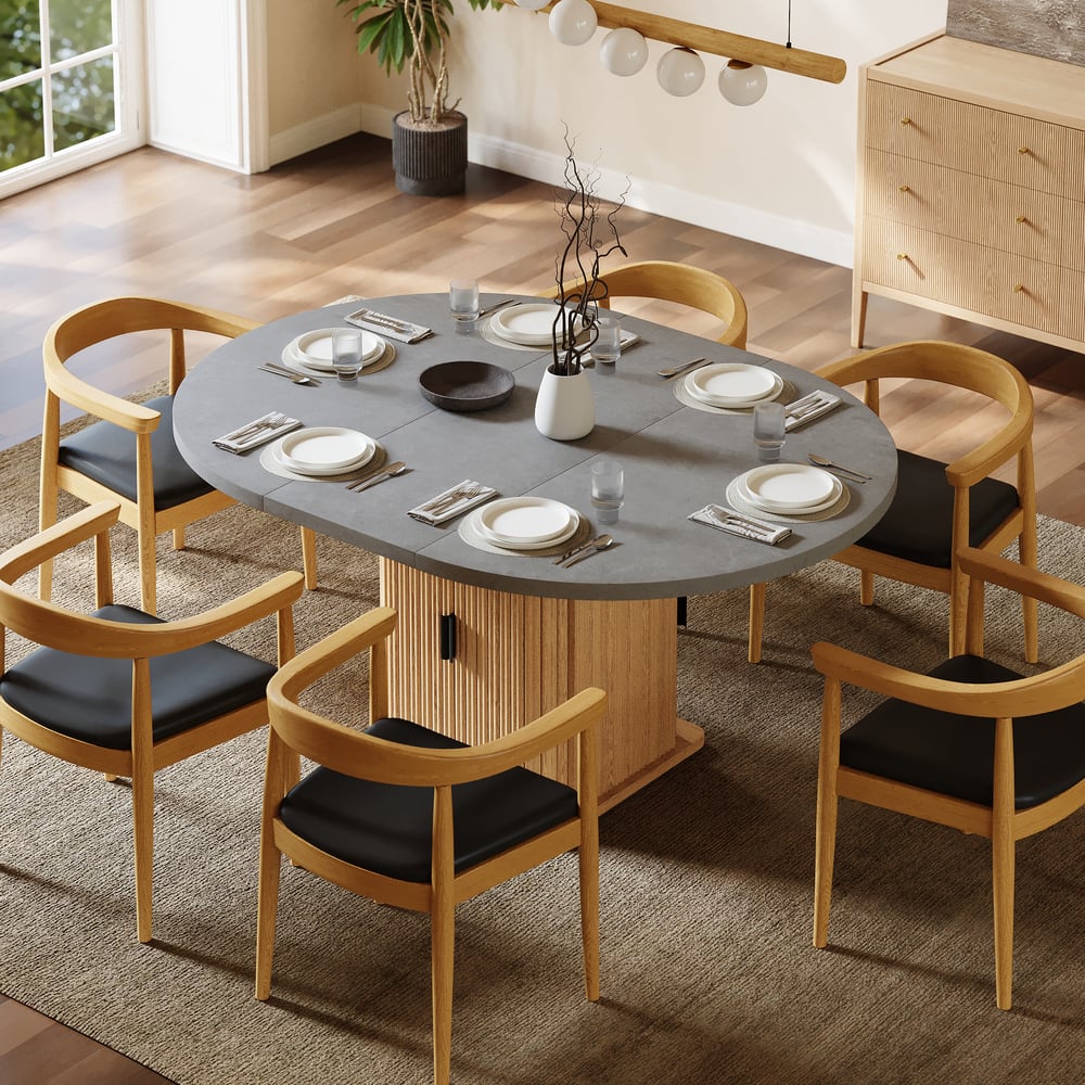 47"-63" Gray Extendable Dining Table with Fluted Base and Storage window image