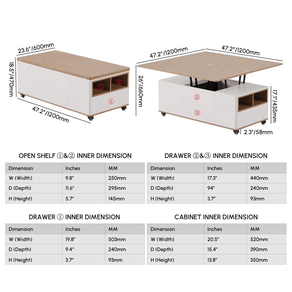 47" Lift-Top Foldable Natural & White Coffee Table with Drawers & Cabinet weights dimensions image