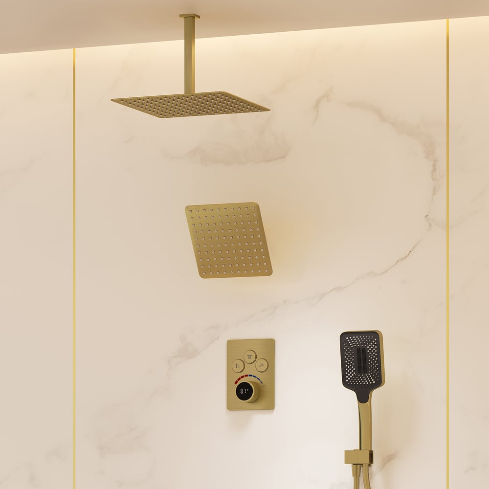 Dual Head Shower System – 12" Ceiling & 8" Wall Shower with Handheld, Solid Brass window image