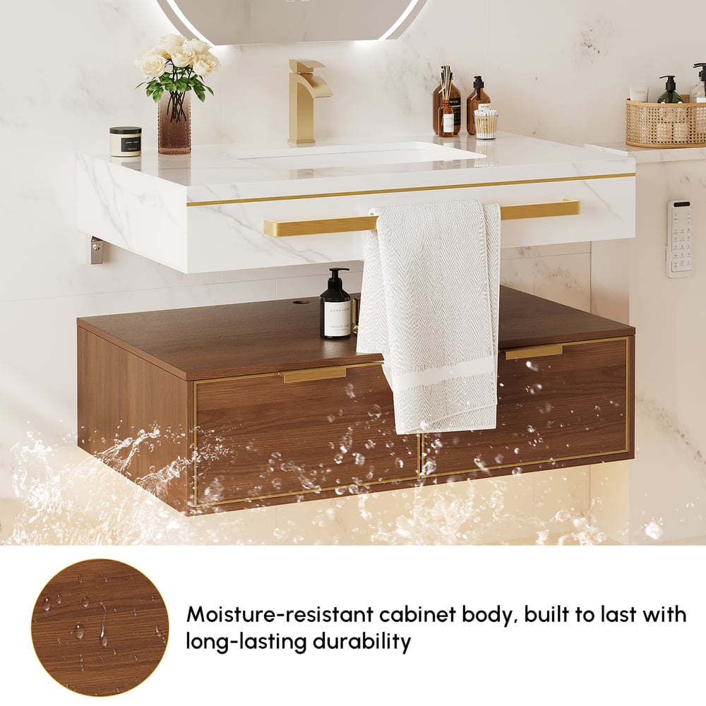 36" Modern Wall-Mounted Bathroom Vanity with LED Light, Walnut Cabinet & Ceramic Sink window image