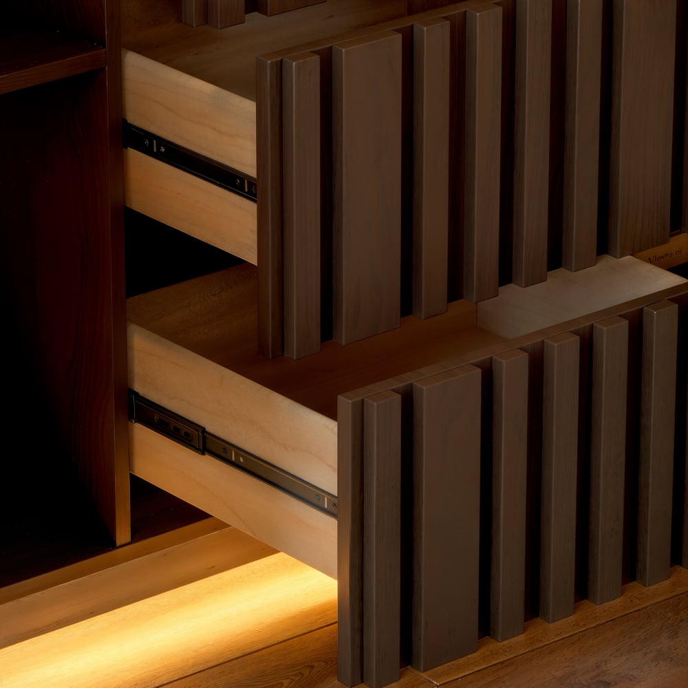 Aura 60" Faux Travertine Top Buffet Sideboard with Ash Wood Slatted Panels & Light window image