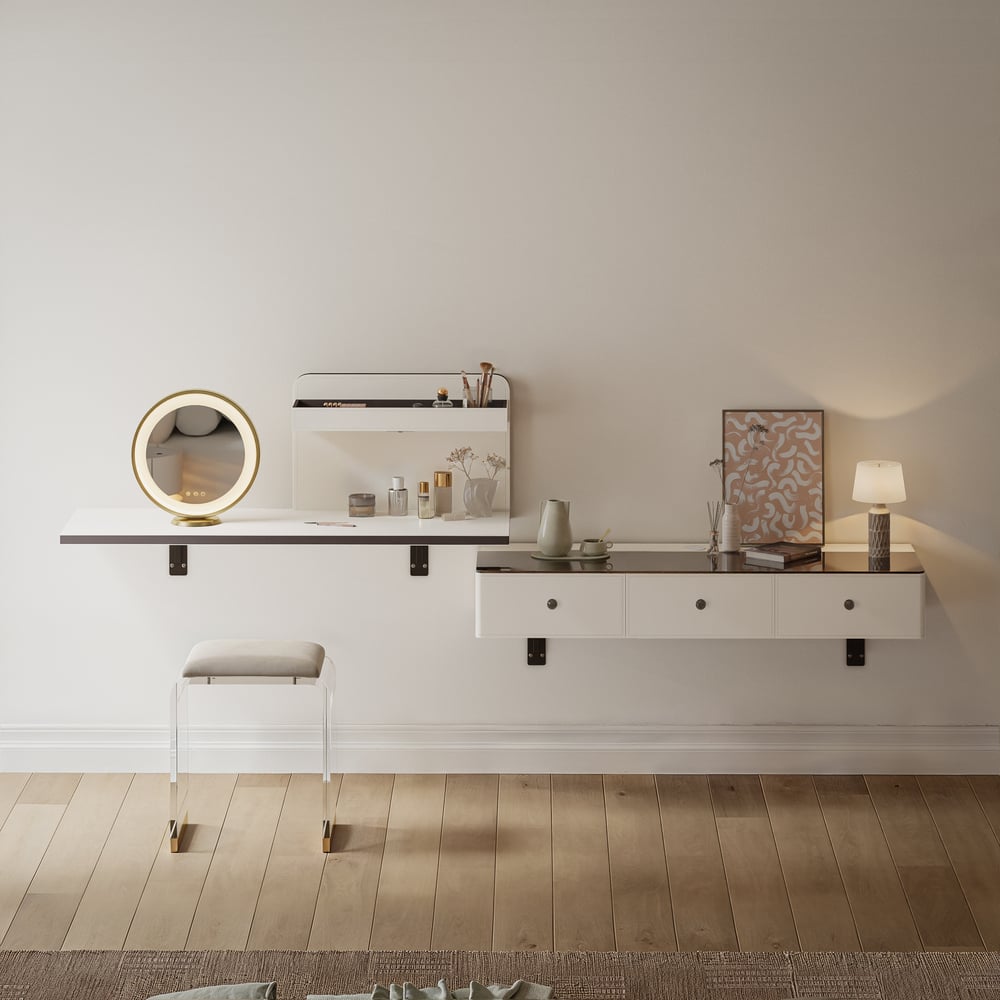 Saddle Leather Floating Makeup Vanity with Tempered Glass Top & Mirror window image