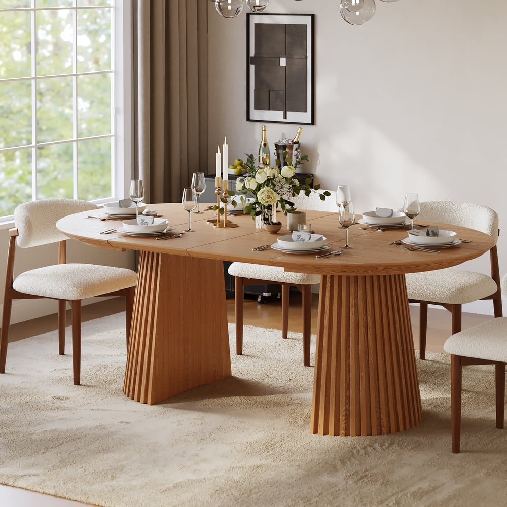 47"–79" Natural Oak Extendable Dining Table with Fluted Base window image