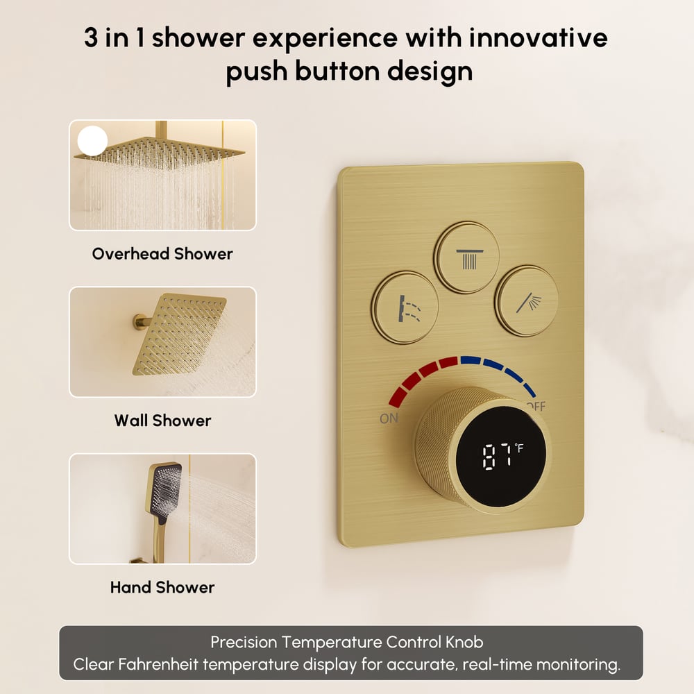 Dual Head Shower System – 12" Ceiling & 8" Wall Shower with Handheld, Solid Brass window image