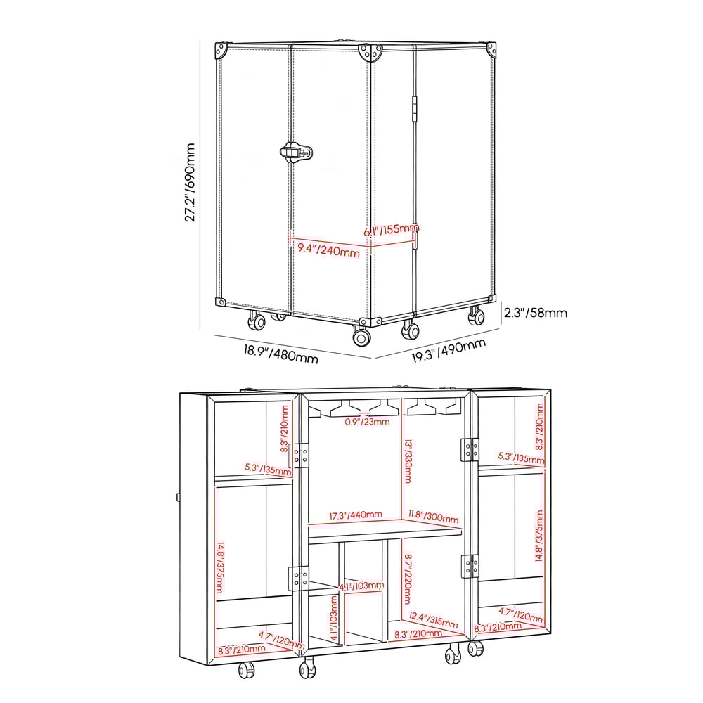 Saddle Leather Mobile Wine Cabinet with Glass Racks and Storage Doors weights dimensions image