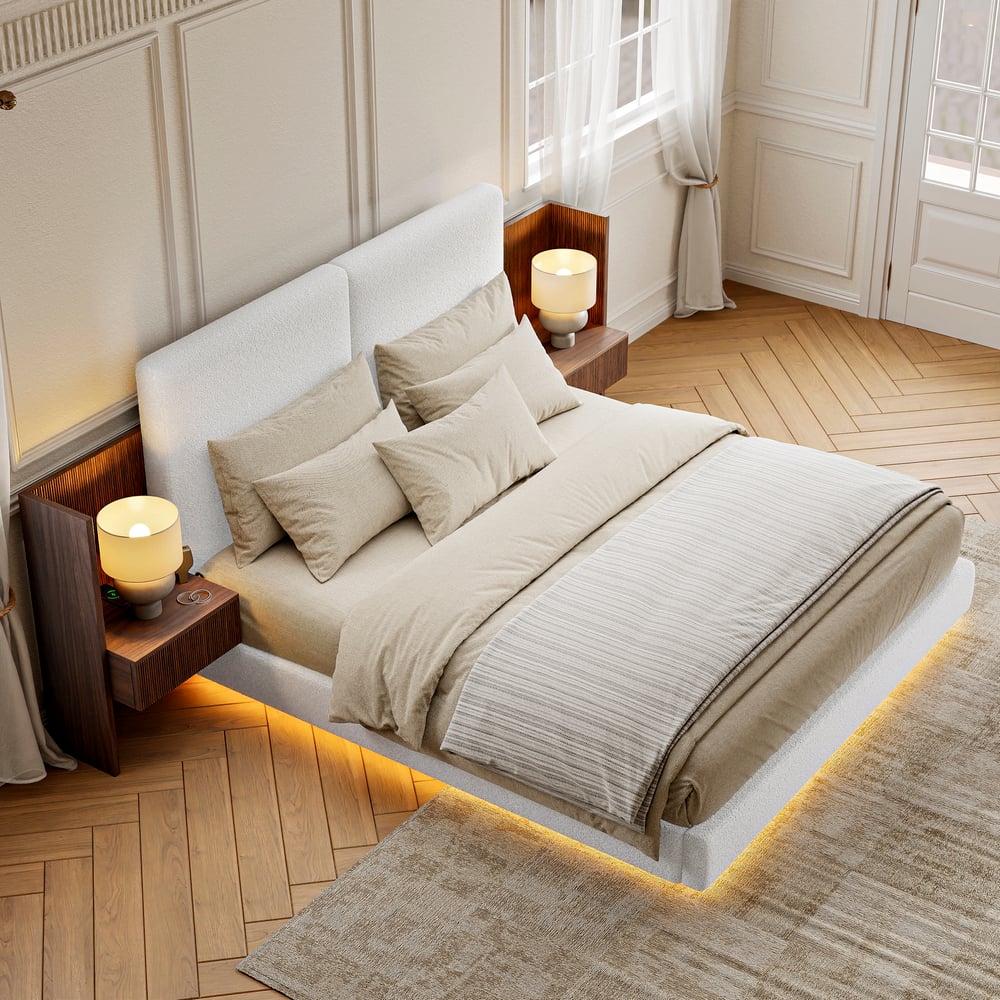 Lit en bois massif 180 x 200 cm avec tête de lit allongée en boucle et ensemble de table de chevet intelligente flottante image de fenêtre