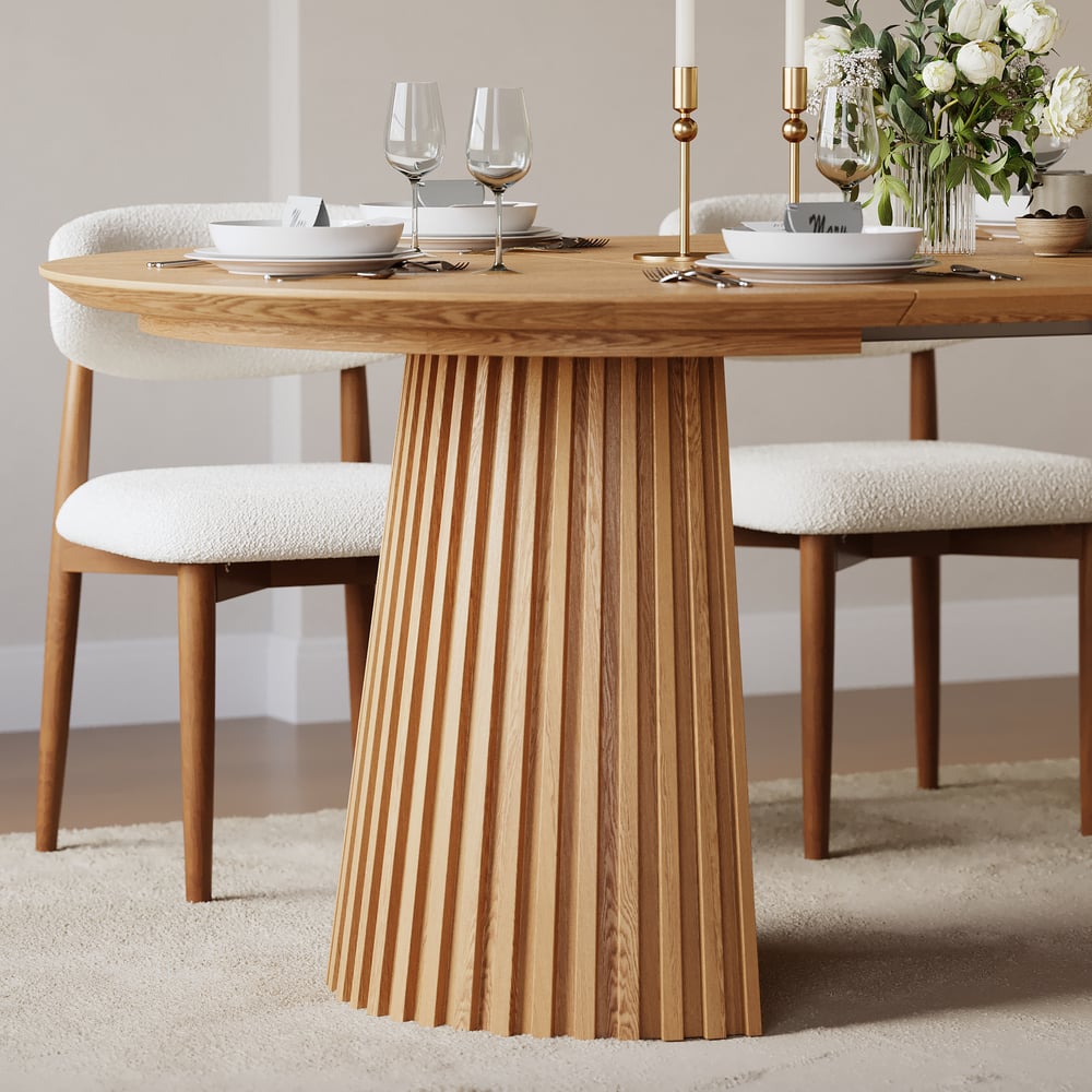 47"–79" Natural Oak Extendable Dining Table with Fluted Base window image