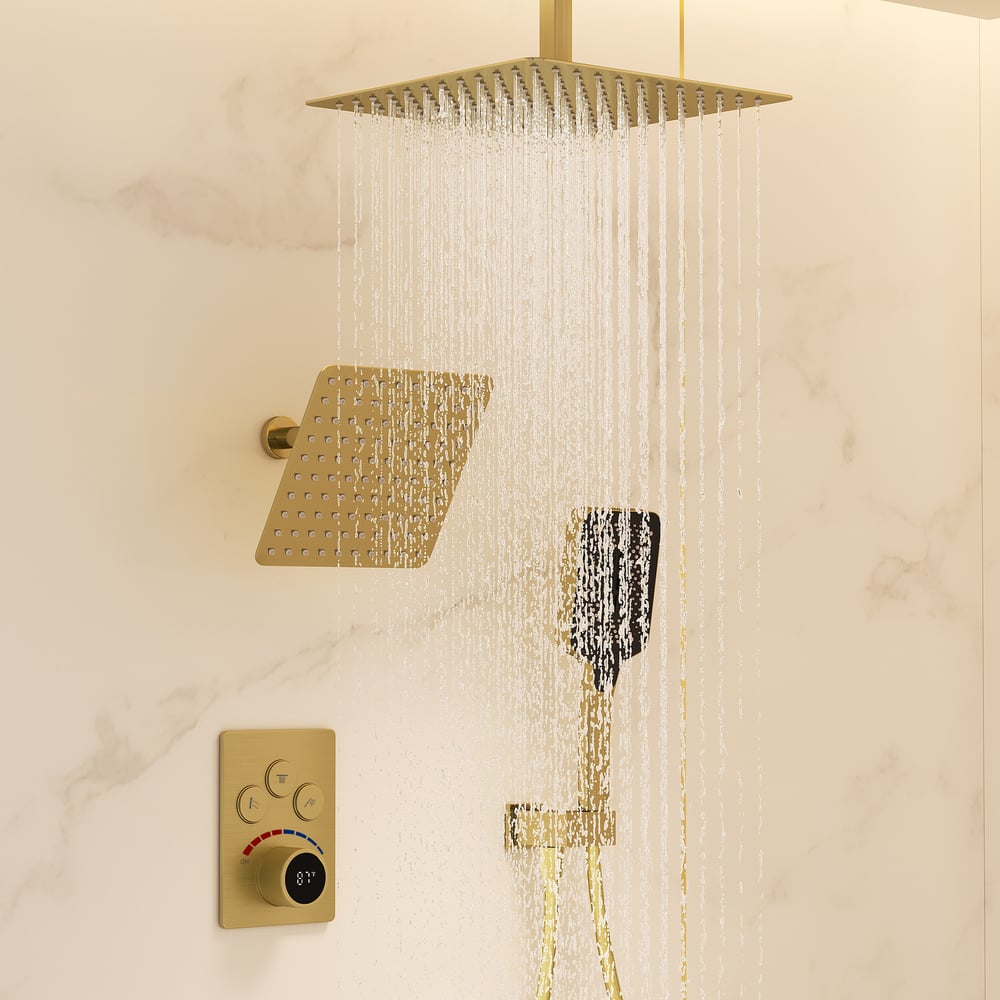 Dual Head Shower System – 12" Ceiling & 8" Wall Shower with Handheld, Solid Brass window image