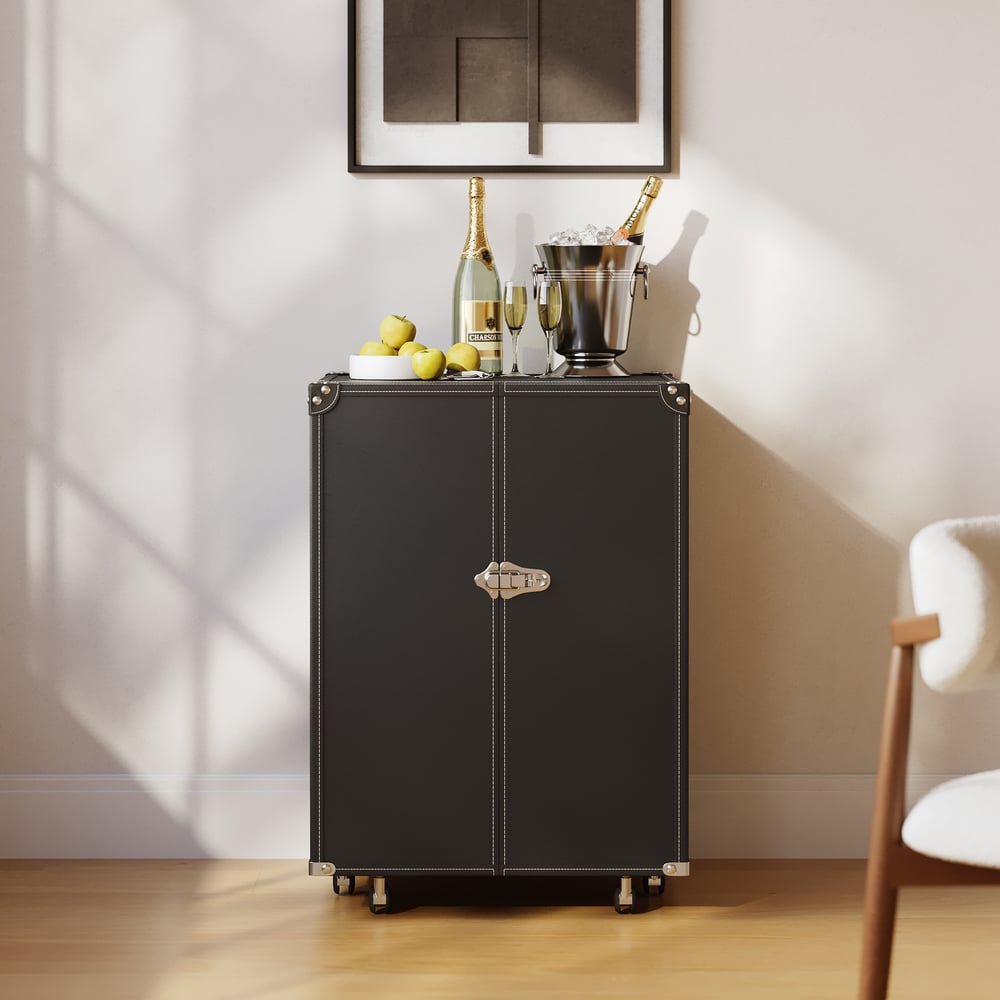 Saddle Leather Mobile Wine Cabinet with Glass Racks and Storage Doors window image