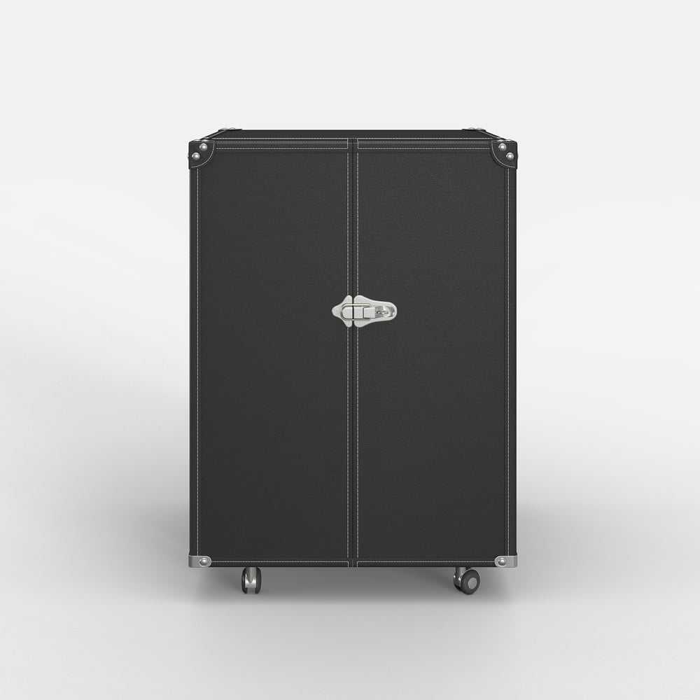 Saddle Leather Mobile Wine Cabinet with Glass Racks and Storage Doors window image