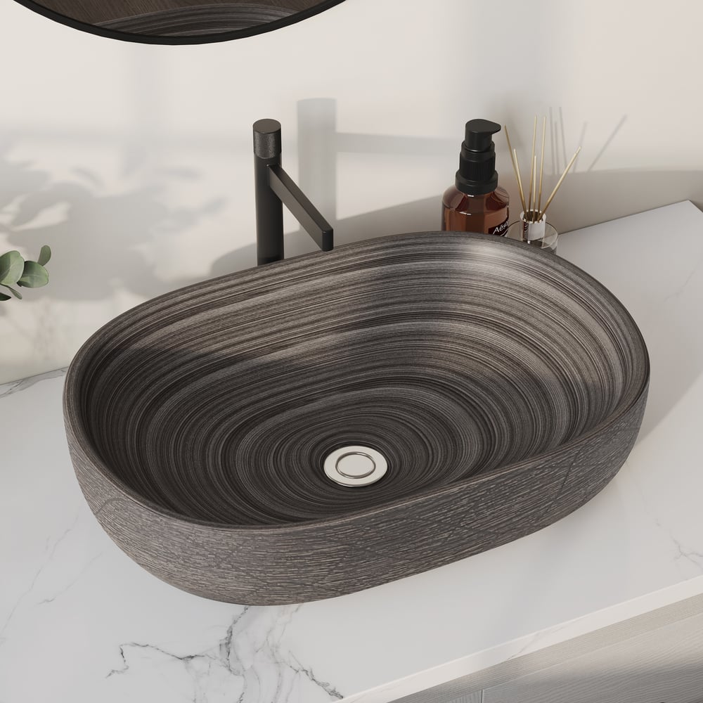 23" Grey Oval Ceramic Bathroom Sink – Matte Glazed Vessel Sink window image