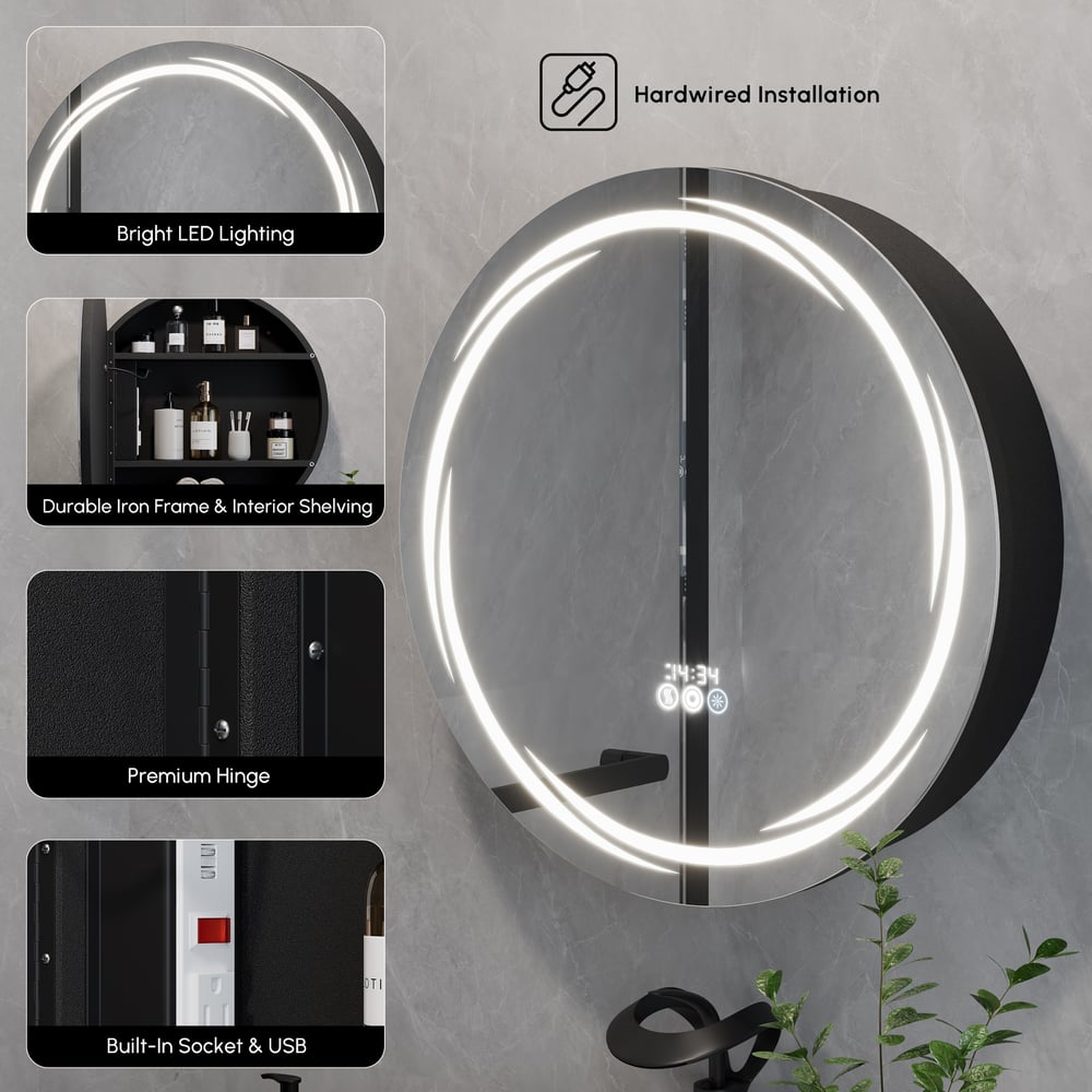 23.6" Round LED Medicine Cabinet with Storage, Anti-Fog, Dimmable — Black window image
