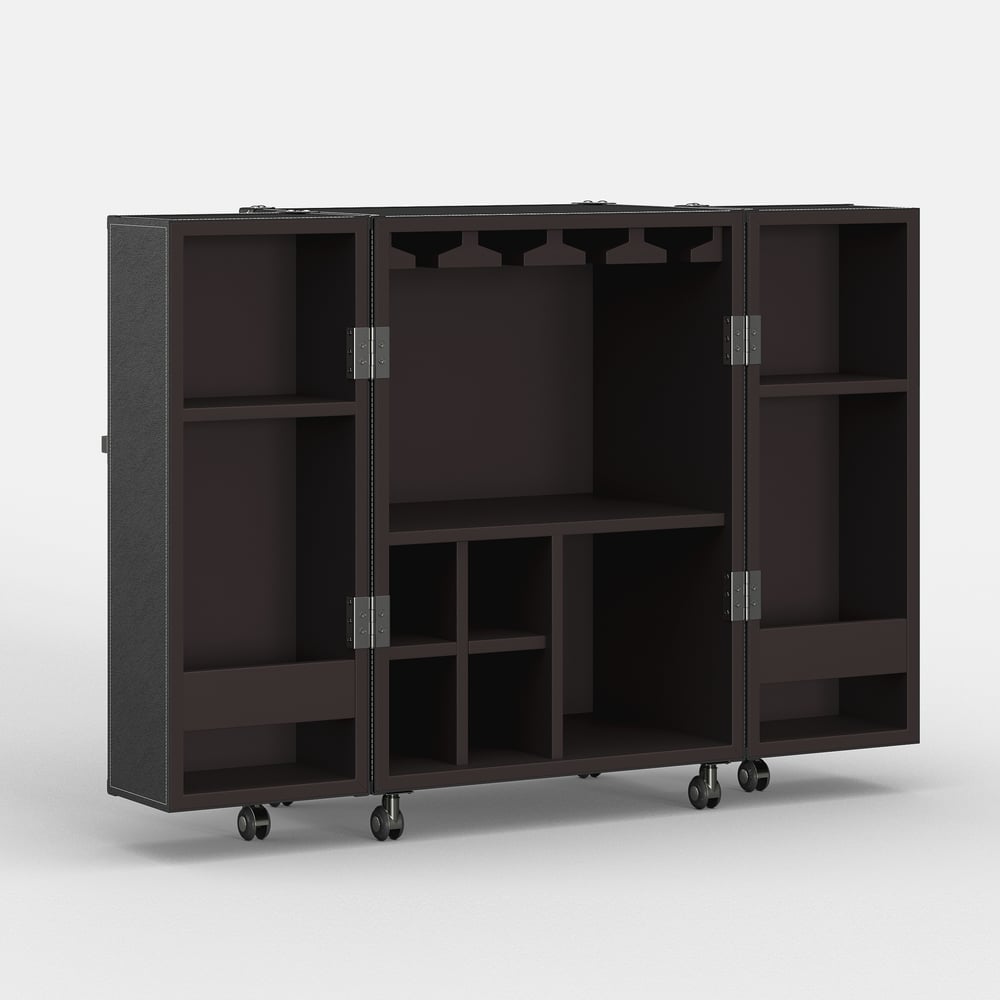 Saddle Leather Mobile Wine Cabinet with Glass Racks and Storage Doors window image