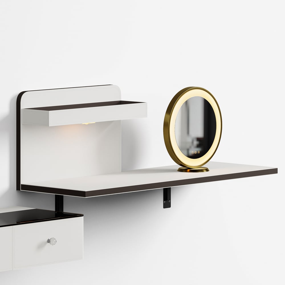 Saddle Leather Floating Makeup Vanity with Tempered Glass Top & Mirror window image