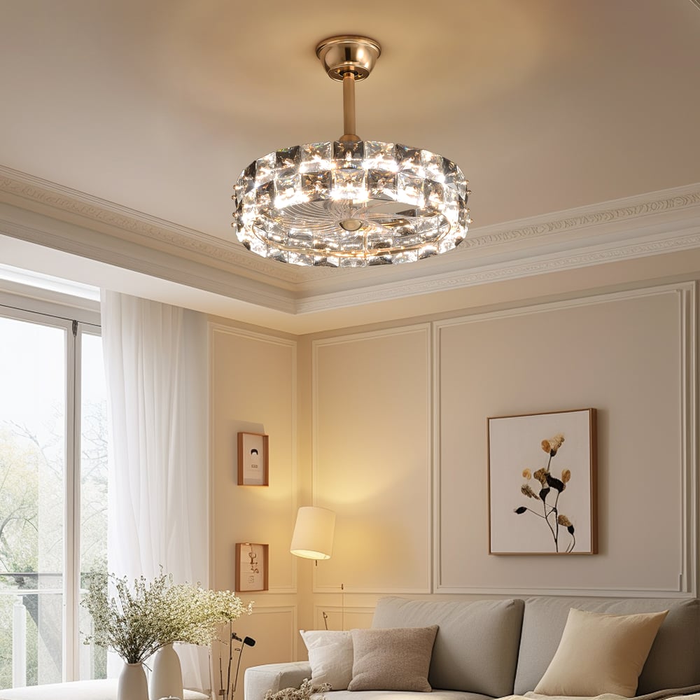 Golden Fan Lamp Made of High-Quality Crystal with Adjustable Brightness & Color window image