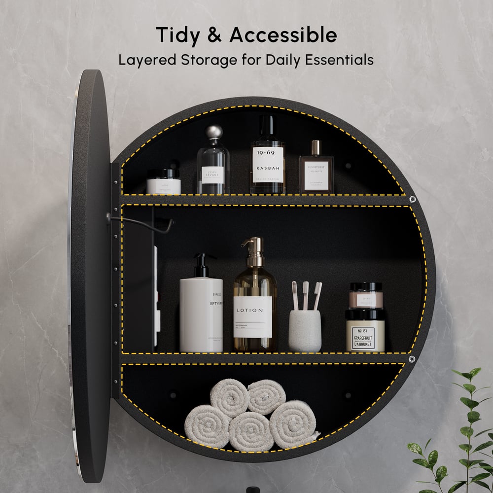 23.6" Round LED Medicine Cabinet with Storage, Anti-Fog, Dimmable — Black window image