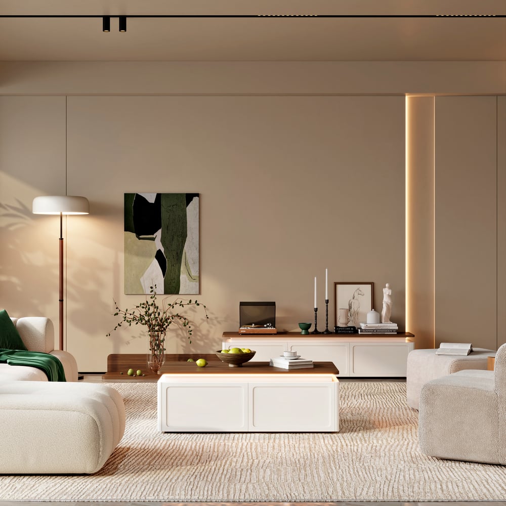 Ambra Extendable TV Stand with 3 Drawers and Light Coffee Table Set window image