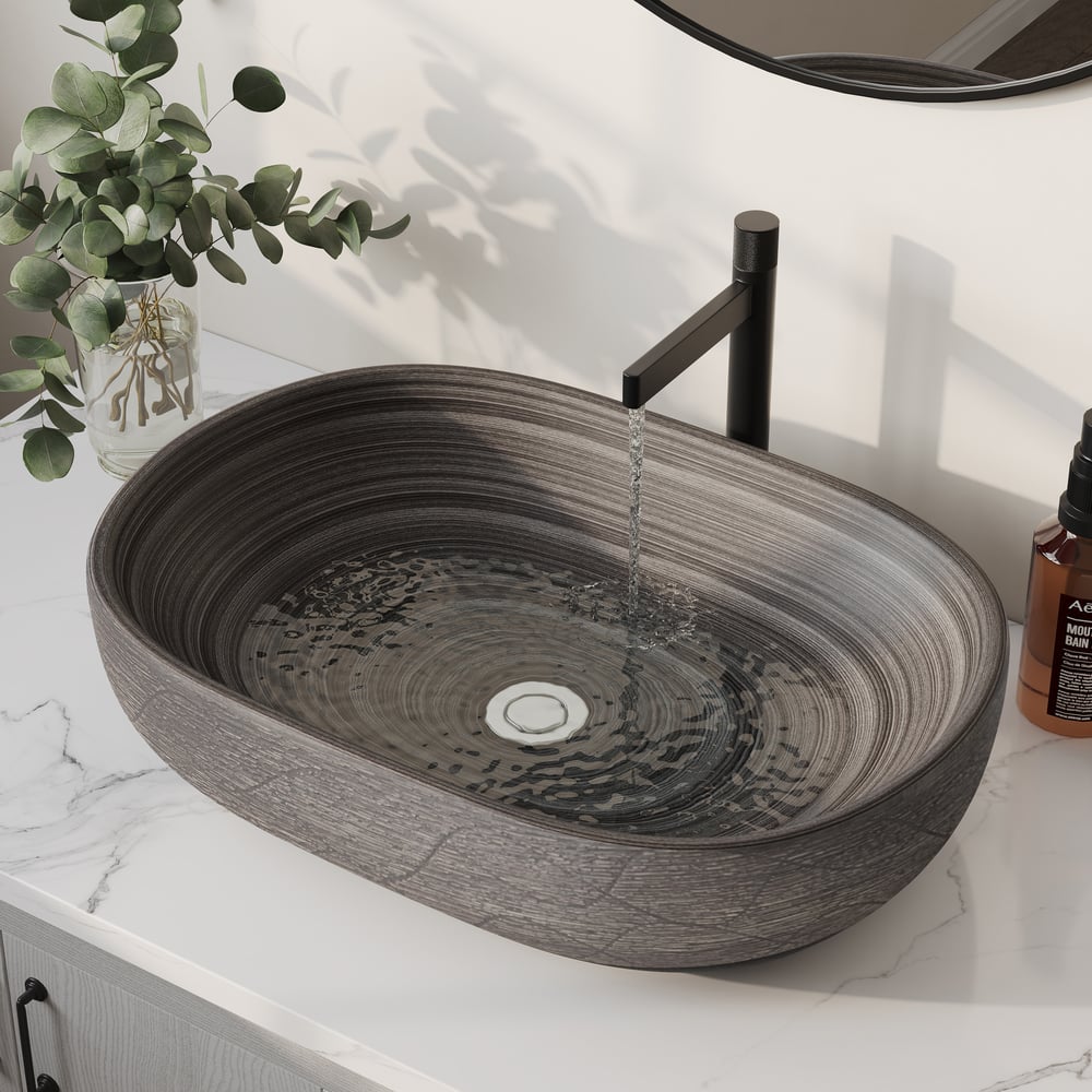 23" Grey Oval Ceramic Bathroom Sink – Matte Glazed Vessel Sink window image