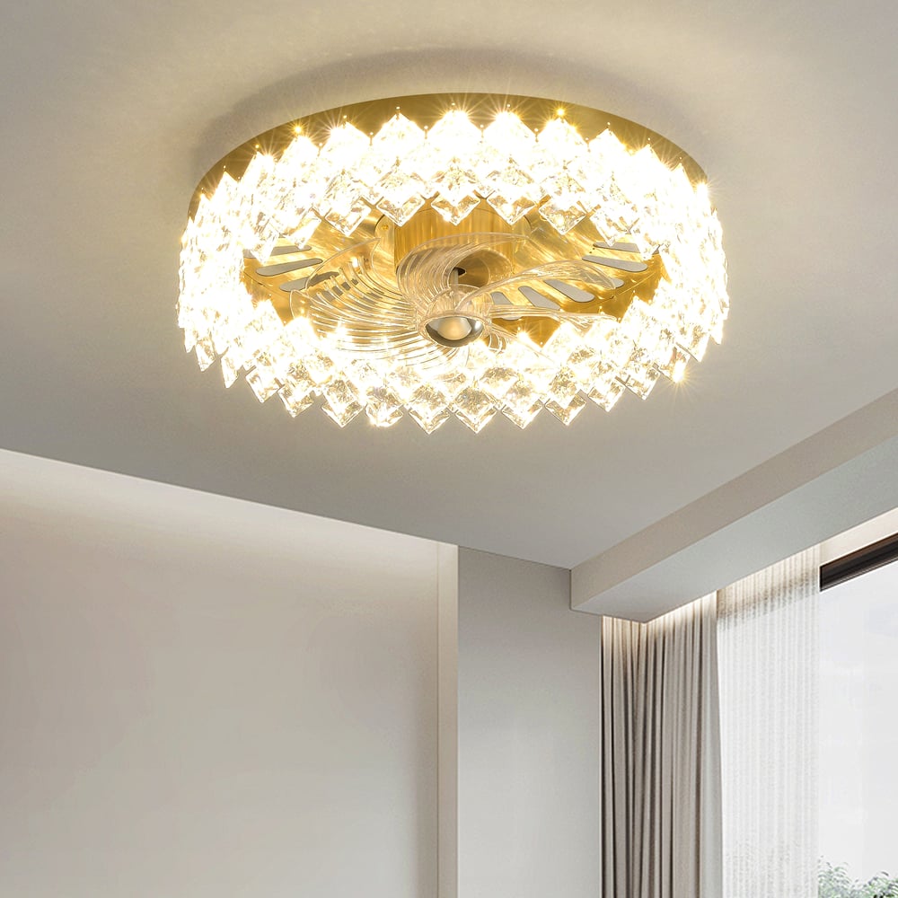 Golden Crystal Fan Lamp with Adjustable Brightness & Color and Diamond Decor window image
